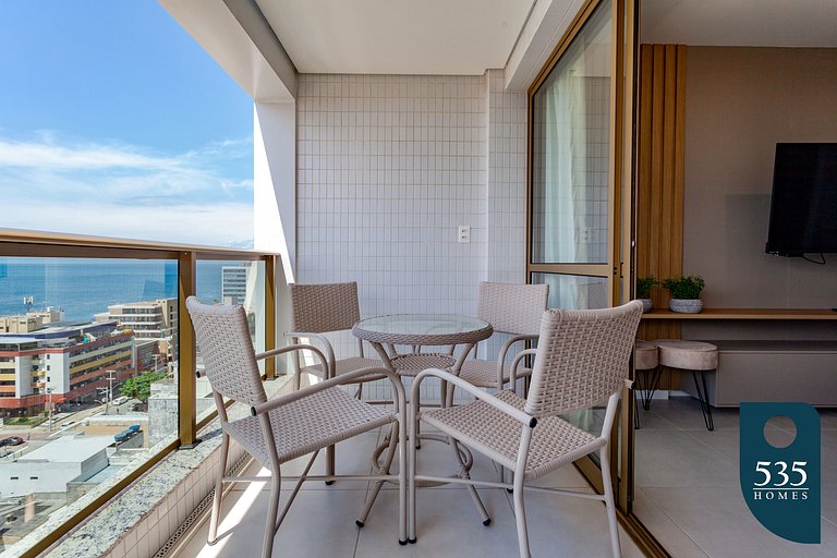 Bedroom and living room with sea view and modern amenities