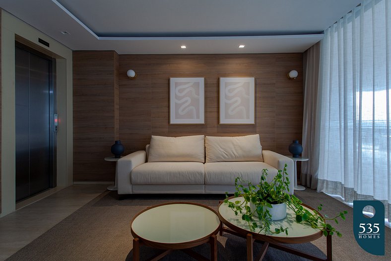 Bedroom and living room with sea view and modern amenities