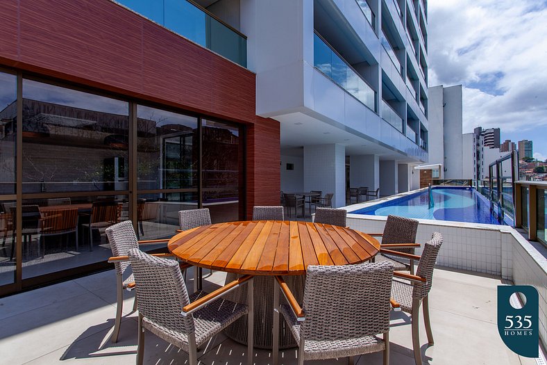 Bedroom and living room with sea view and modern amenities