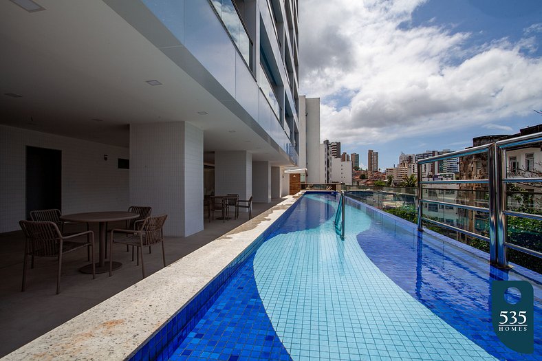 Bedroom and living room with sea view and modern amenities